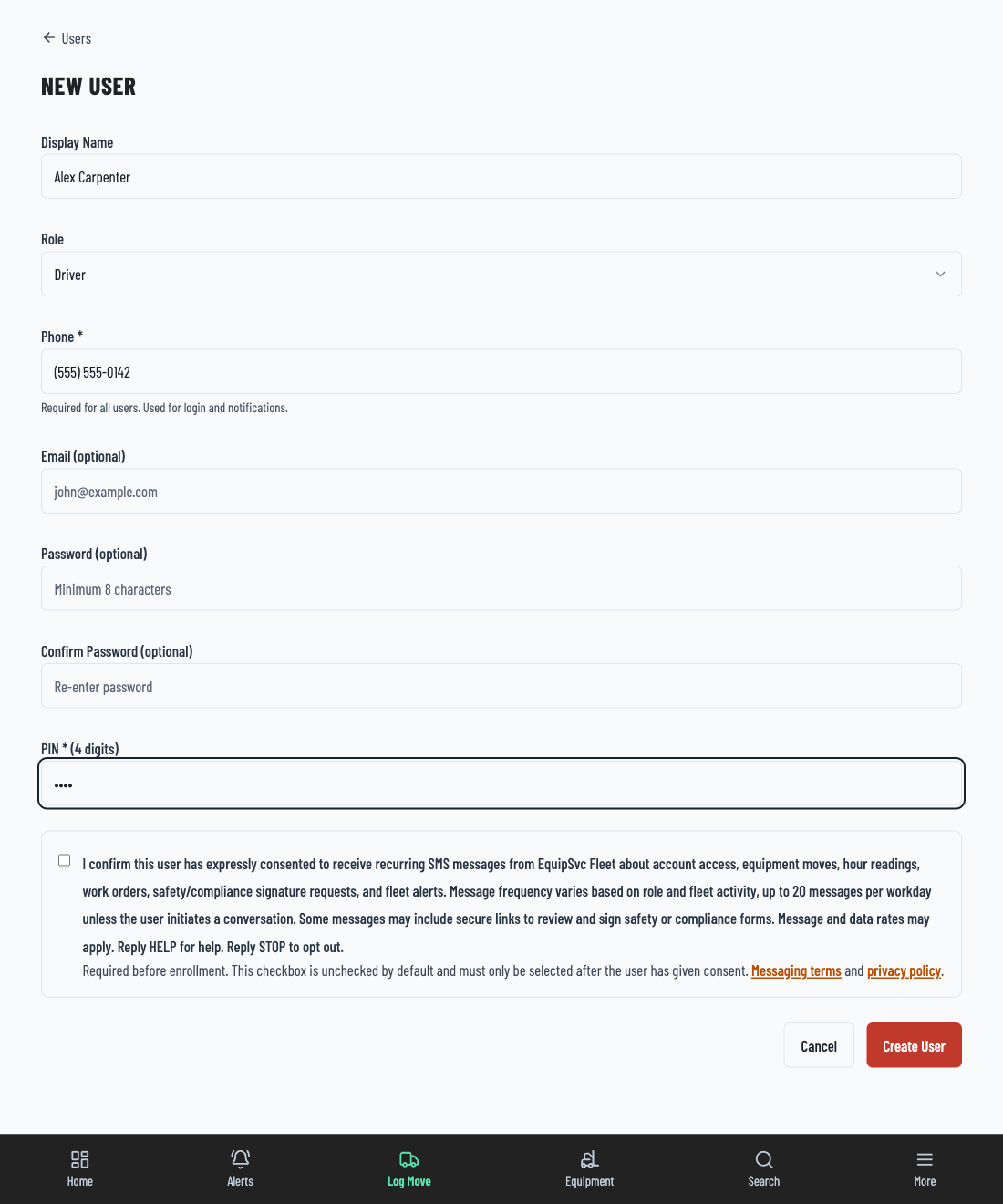EquipSvc Fleet New User form showing display name, role, phone, and PIN fields with the required SMS consent checkbox unchecked by default above the Create User button
